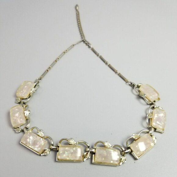 Vintage Jewelry - Vintage Cream Lucite Rectangle Cabochon Panel Collar Necklace, Silver Tone Chain